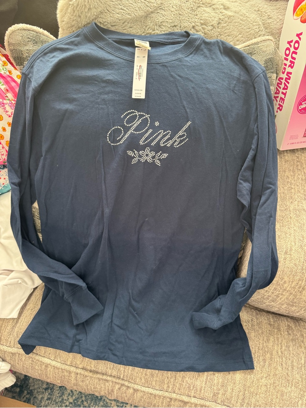 PINK Victoria's Secret Navy Long Sleeve Rhinestone Logo Tee